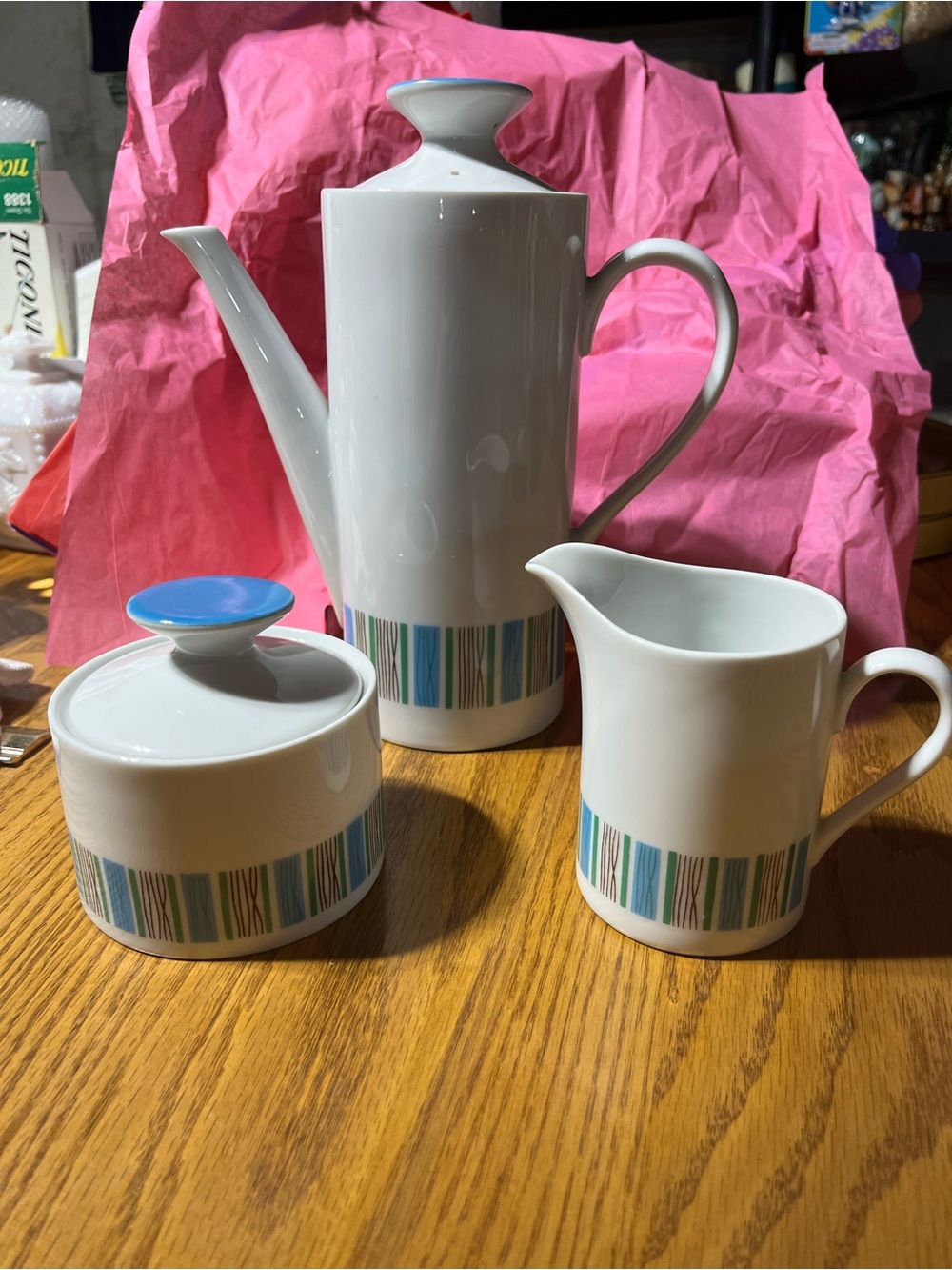 White Ceramic Coffee Set with Blue & Green Stripe Accent. MCM